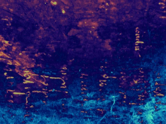 Farbiges Bild in Lila, Blau und Gelb, mit gelber Schrift hervorgehoben an bestimmten Stellen