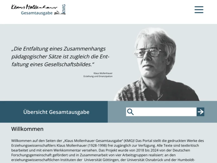 Ein Screenshot der Webseite der Klaus-Mollenhauer-Gesamtausgabe, ein Bild von Klaus Mollenhauer oben rechts, Willkommenstext als Hauptinhalt