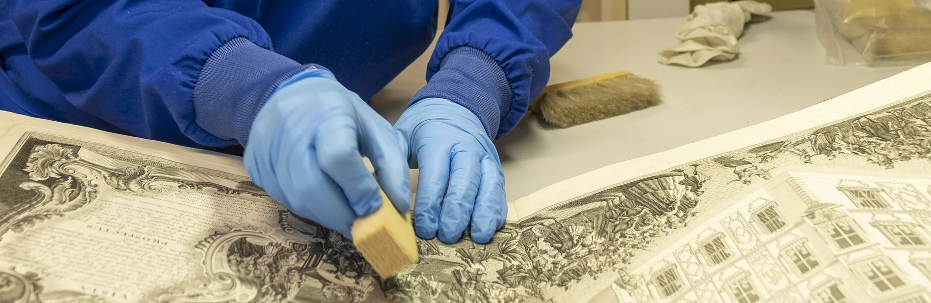 Zwei Hände in blauen Handschuhen reinigen mit einem Kautschukschwamm einen Kupferstich mit Gebäudedarstellung.