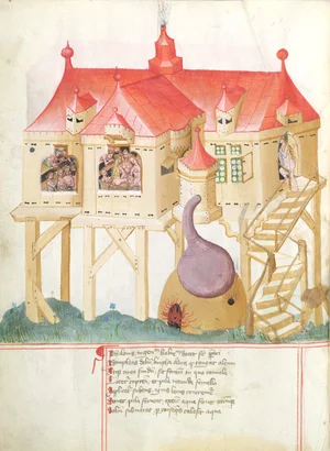 Mittelalterliche Darstellung eines Badehauses, beheizt durch einen Dampfofen