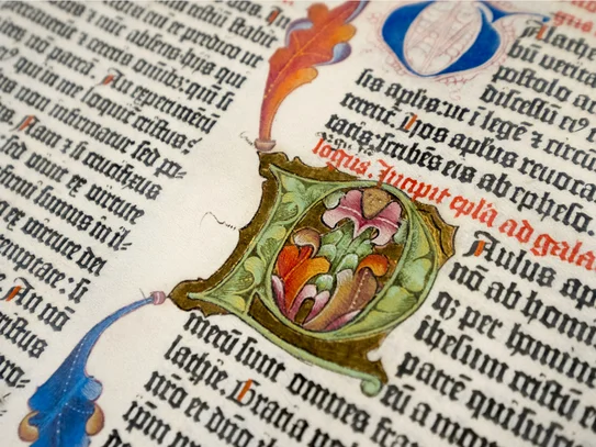 Ausschnitt eines gedruckten Texts aus der Bibel mit einer handgezeichneten Initiale mit Ranken