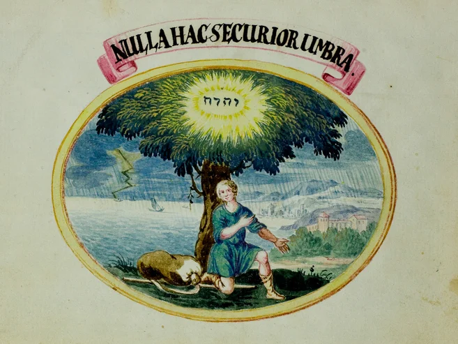 Darstellung eines Mannes, der im Schatten eines Baumes sitzt. Über ihm befindet sich ein Schriftband mit dem lateinischen Spruch „NULLA HAC SECURIOR UMBRA“.