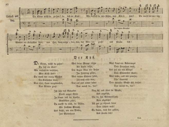 Seitenausschnitt aus einem historischen Musikdruck mit Notensatz oben und fünf gedruckten Textstrophen im unteren Teil.