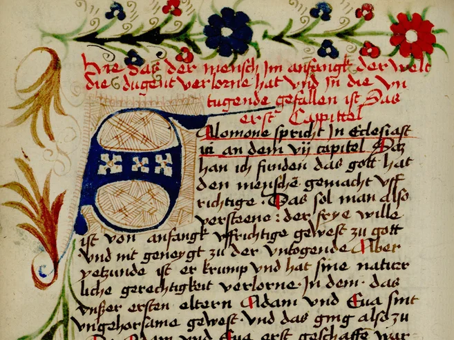 Ausschnitt aus einer mittelalterlichen Handschrift mit einer S-Initiale und einer Blumenranke am oberen Rand