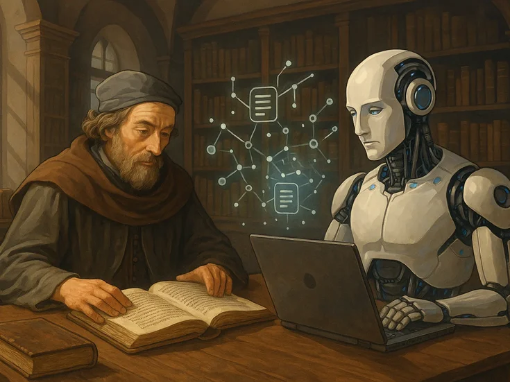 Wissenschaftler und Roboter bei der Forschung. Altertum trifft Digitalisierung.
