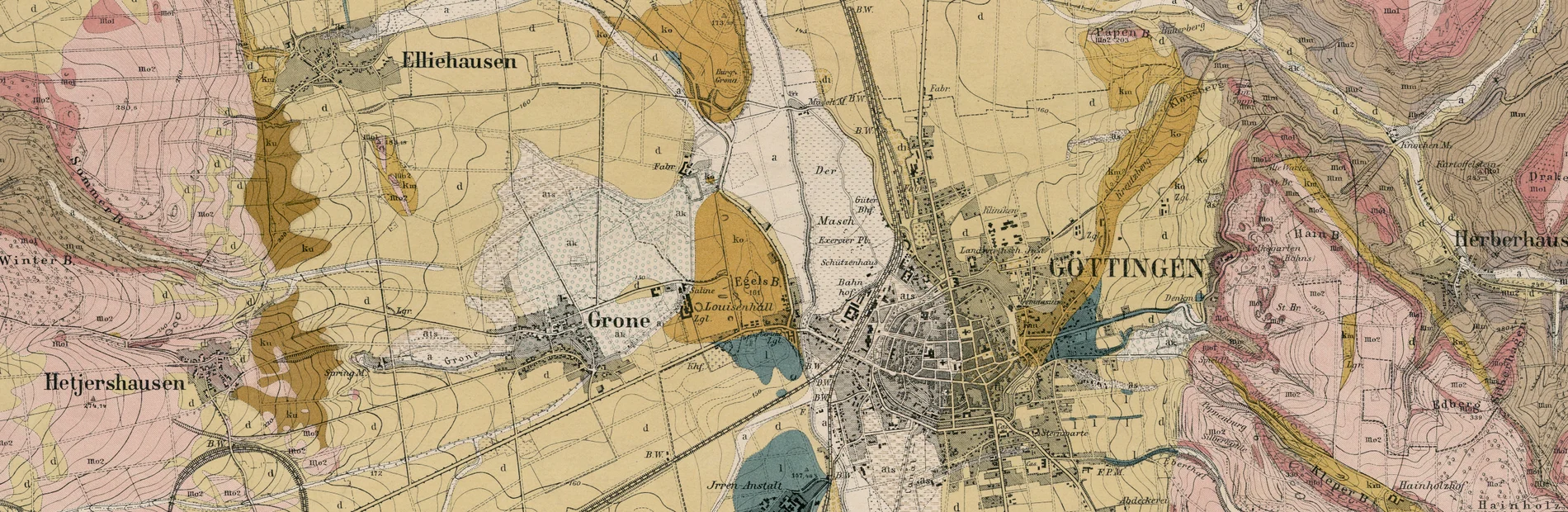 Geologische Karte von Göttingen und der umliegenden Region in verschiedenen Farben