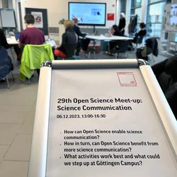 Hinweisschild mit Beschreibung zum Open Science Meetup mit Meetingraum und Bildschirm im Hintergrund