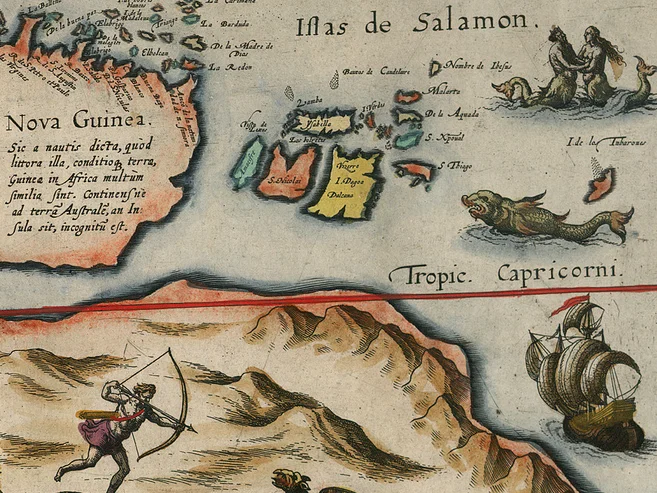 Ausschnitt einer frühneuzeitlichen Seekarte mit Schiff und Seeungeheuer am rechten Rand